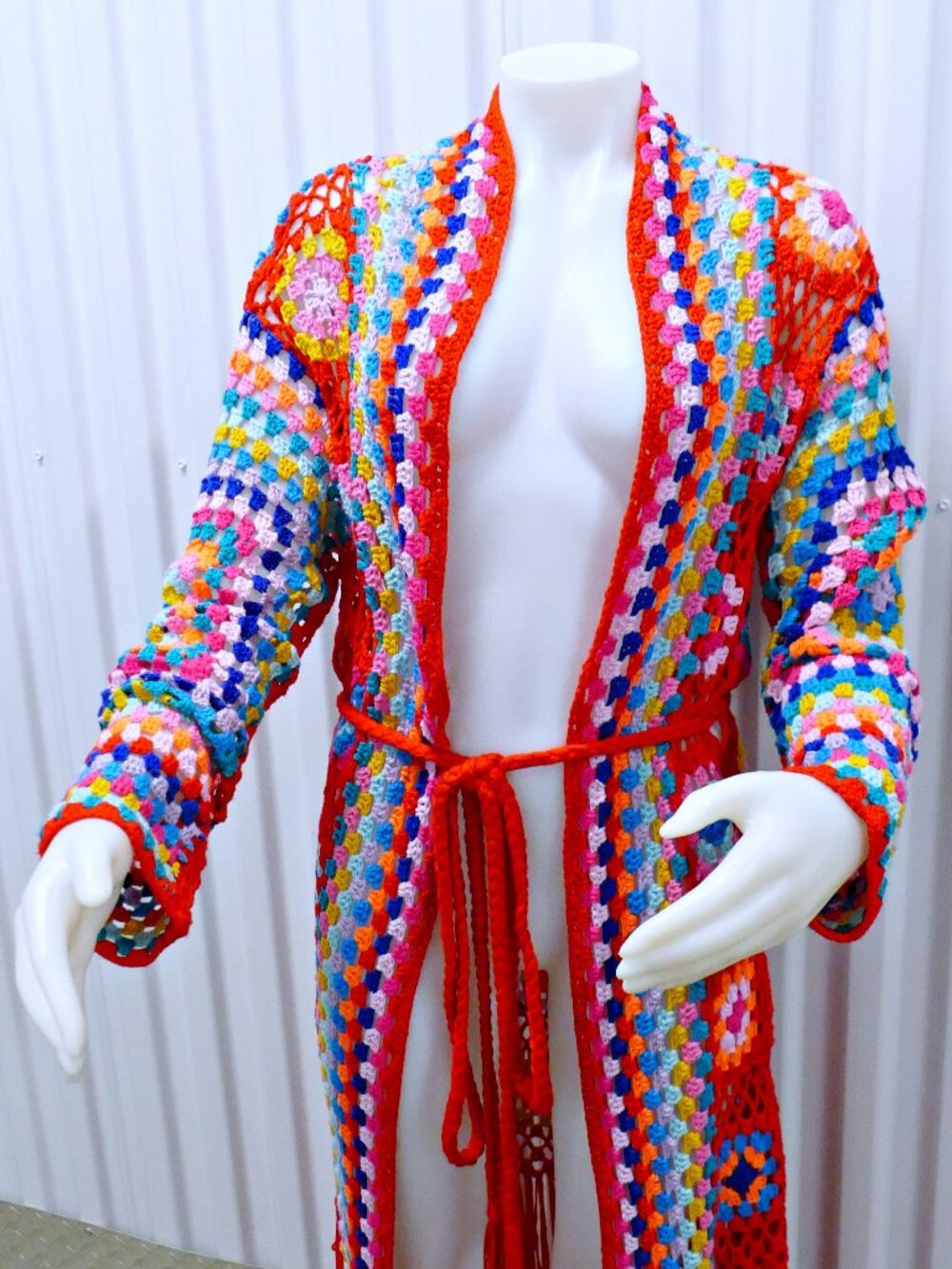 Boho Red Granny Square Multicolored Long Fringe Maxi Duster Cardigan Large